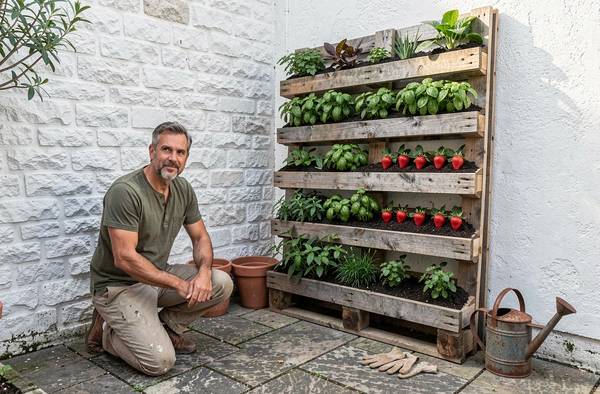 Homme entretenant un potager vertical sur palettes dans une petite cour pavée