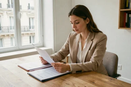 Jeune femme professionnelle qui prépare un dossier de location dans un appartement parisien, assise à un bureau en bois avec des documents organisés