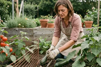 Femme jardinant qui installe une barrière en cuivre autour des légumes pour protéger le potager des nuisibles de façon écologique