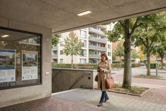 Femme marchant vers une entrée de métro dans un quartier résidentiel avec immeubles d'appartements en arrière-plan, illustrant l'influence des transports sur les prix immobiliers