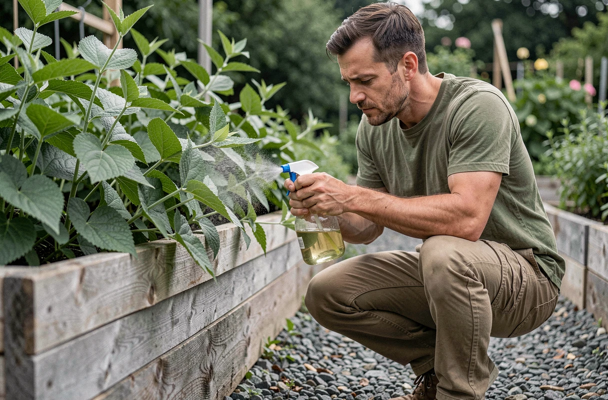 Homme appliquant un répulsif naturel à base de purin d'ortie sur des plantes potagères pour lutter écologiquement contre les nuisibles