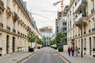 Quartier en rénovation urbaine dans le 92 avec immeubles haussmanniens rénovés et nouvelles constructions modernes en Hauts-de-Seine