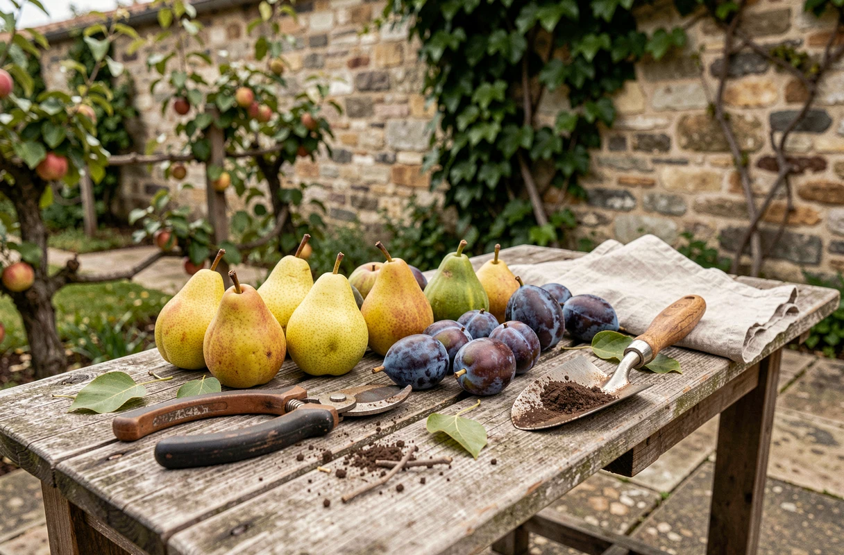 Récolte de fruits du jardin posée sur une table en bois avec des outils de jardinage