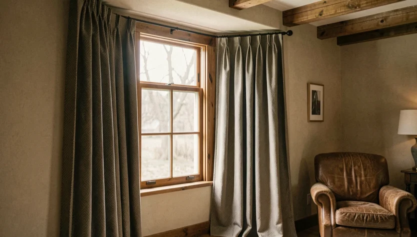 Rideau occultant à motif géométrique sur mesure habillant une grande baie vitrée en saillie dans un salon cosy aux poutres apparentes