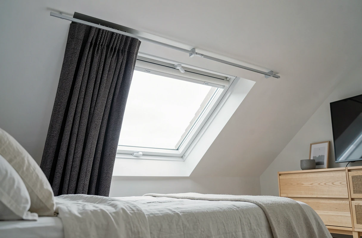 Rideau occultant sur mesure à motif chevron installé sur une fenêtre de toit difficile à habiller dans une chambre scandinave