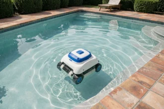 Robot nettoyeur de piscine autonome en action sur le fond d'une piscine extérieure turquoise