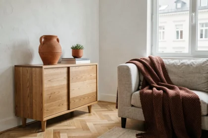 Salon contemporain décoré avec des accessoires en terracotta, vase en céramique et plaid en laine ocre sur canapé en lin