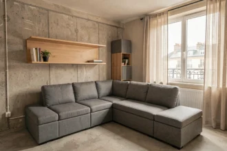 Salon de petit appartement avec canapé modulable gris et bureau mural rabattable en bois clair