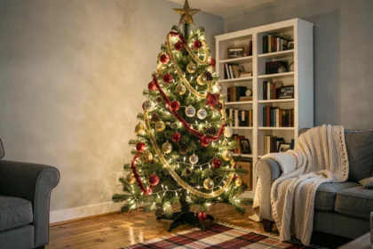 Sapin de Noël décoré de guirlandes lumineuses LED blanc chaud dans un salon cosy avec ornements rouges et dorés