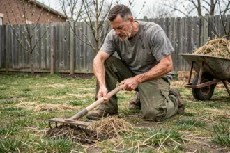 Homme scarifiant une pelouse avec un râteau manuel dans un jardin de banlieue au printemps