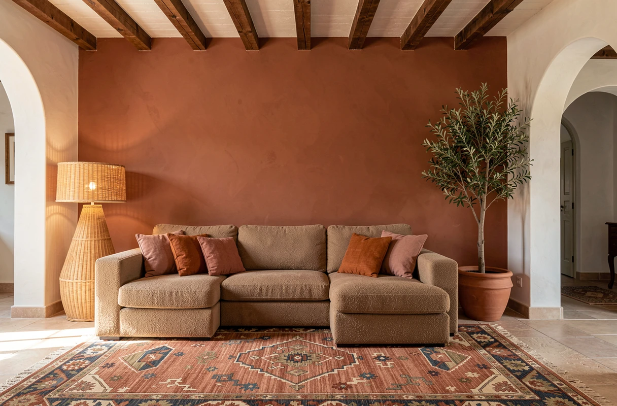 Séjour avec mur terracotta, canapé en bouclé taupe et coussins rouille autour d'un tapis kilim