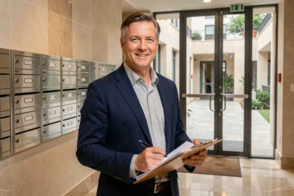 Syndic de copropriété tenant un dossier de gestion dans le hall d'entrée d'une résidence collective moderne