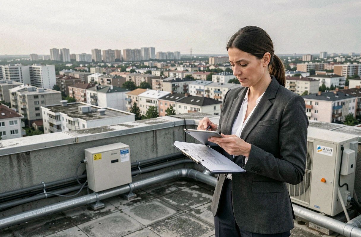 Syndic inspectant les équipements techniques sur le toit d'une résidence collective en milieu urbain