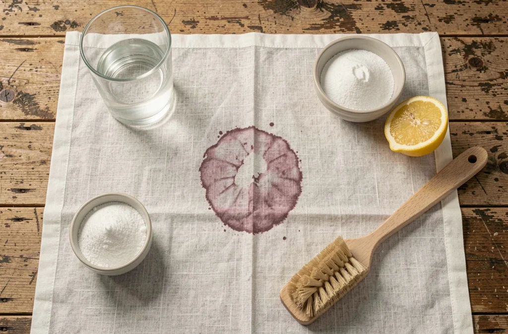 Vue de dessus d'une tache de framboise ancienne sur une nappe blanche entourée de produits naturels pour la détacher