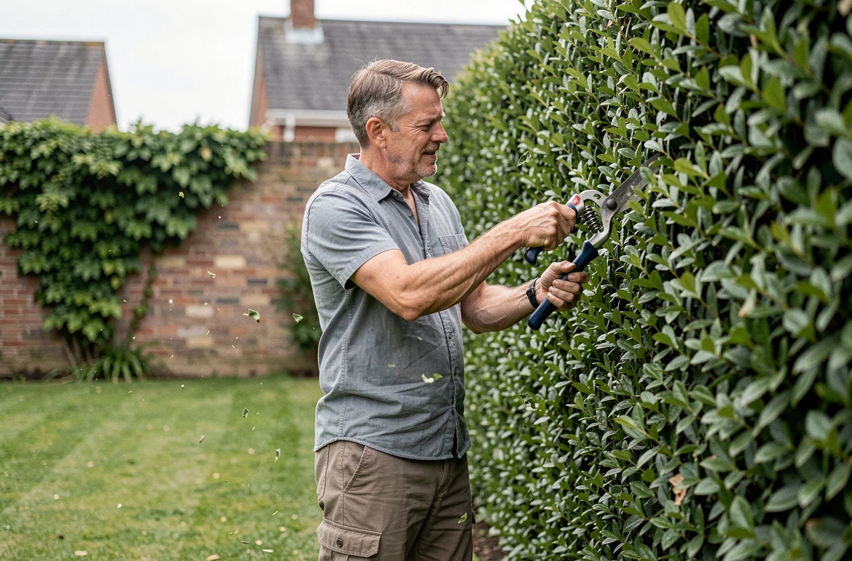 Homme taillant une haie de troènes haute pour entretenir l'intimité visuelle d'un jardin résidentiel