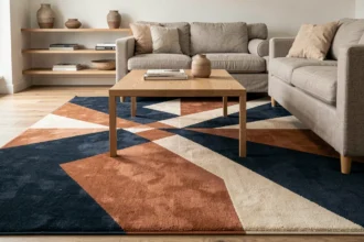 Tapis graphique géométrique en bleu marine et terracotta dans un salon moderne minimaliste avec table basse en chêne