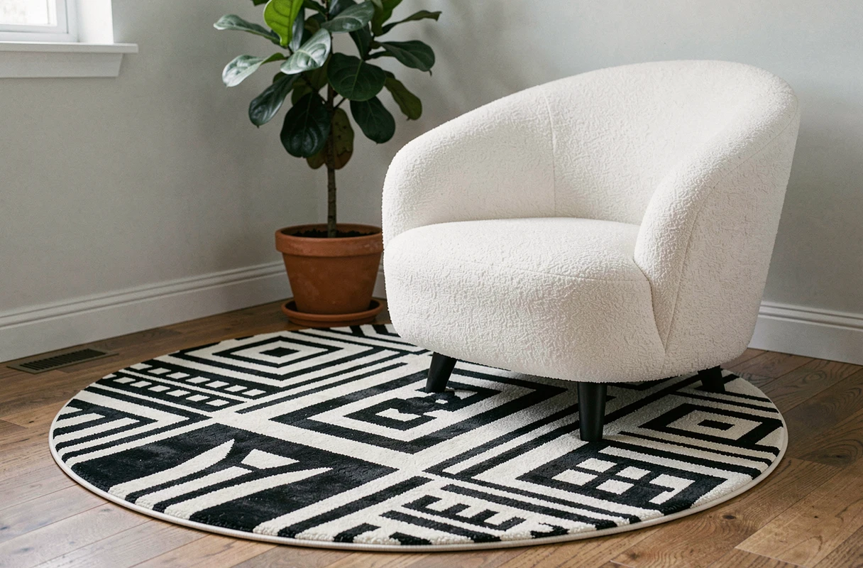 Tapis rond graphique noir et blanc de style scandinave sous un fauteuil en bouclé dans un coin salon décoré