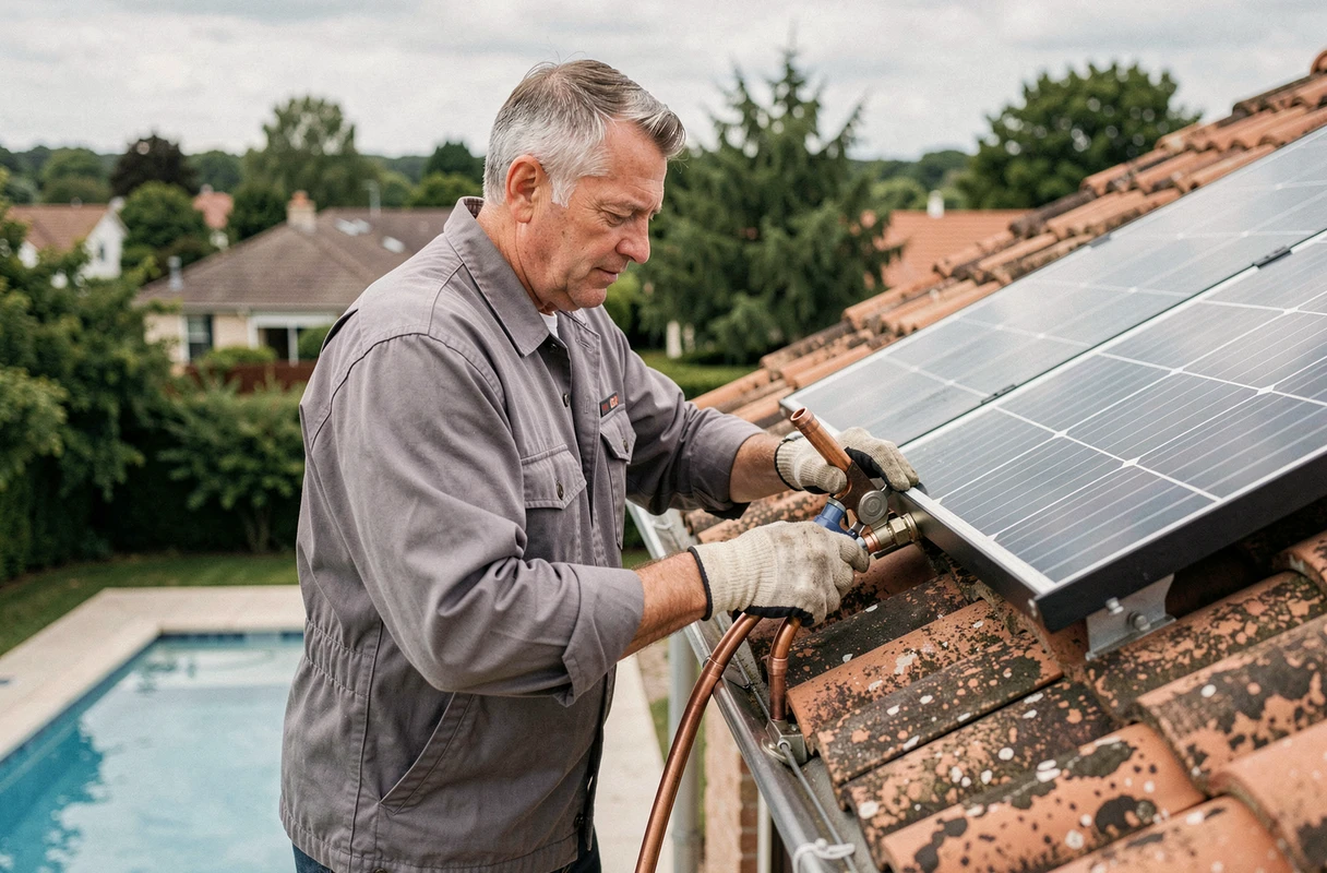 Technicien installant des panneaux solaires thermiques pour chauffer une piscine résidentielle