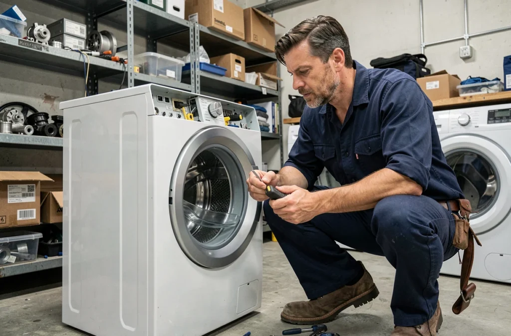 Technicien réparant un lave-linge démonté dans un atelier, illustrant les pannes fréquentes et la fiabilité des marques d'électroménager