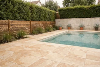 Terrasse de piscine moderne en carrelage grès cérame résistant entourée de végétation naturelle et d'une clôture composite