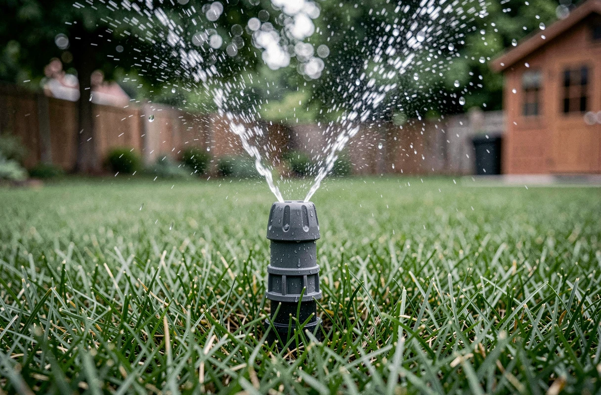 Tête d'arroseur automatique en fonctionnement projetant de l'eau sur une pelouse verte