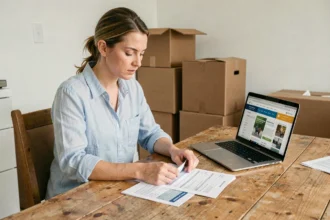 Femme consultant ses contrats d'énergie lors d'un déménagement dans un nouvel appartement