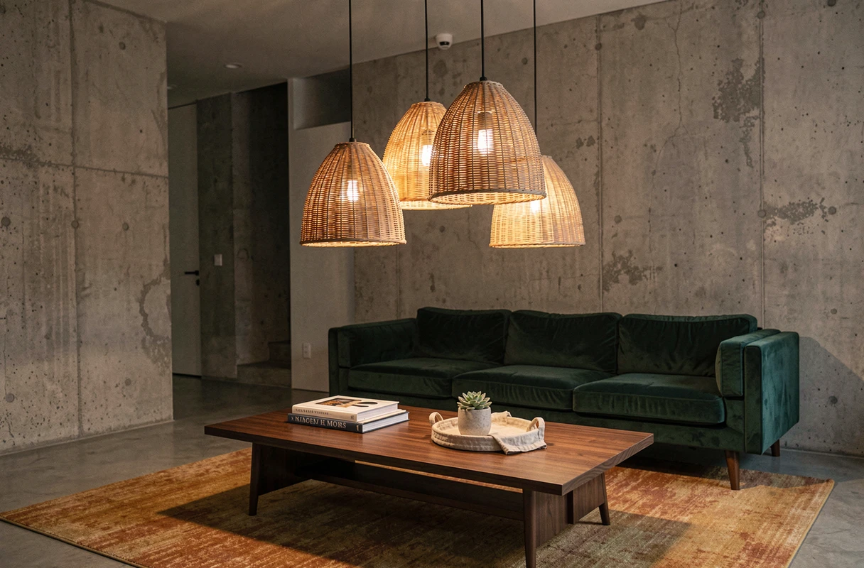 Trio de suspensions en osier à hauteurs variées au-dessus d'une table basse dans un salon mid-century moderne aux tons chauds