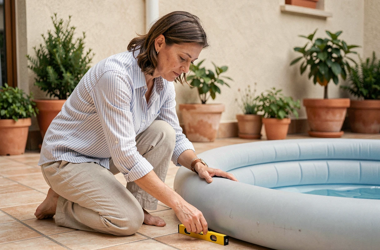 Femme vérifiant la planéité du sol avec un niveau à bulle avant d'installer une piscine gonflable hors sol