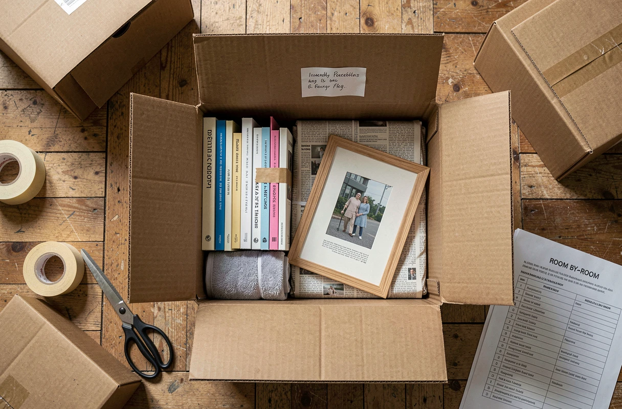 Vue aérienne d'un carton de déménagement ouvert et bien organisé avec inventaire manuscrit sur parquet