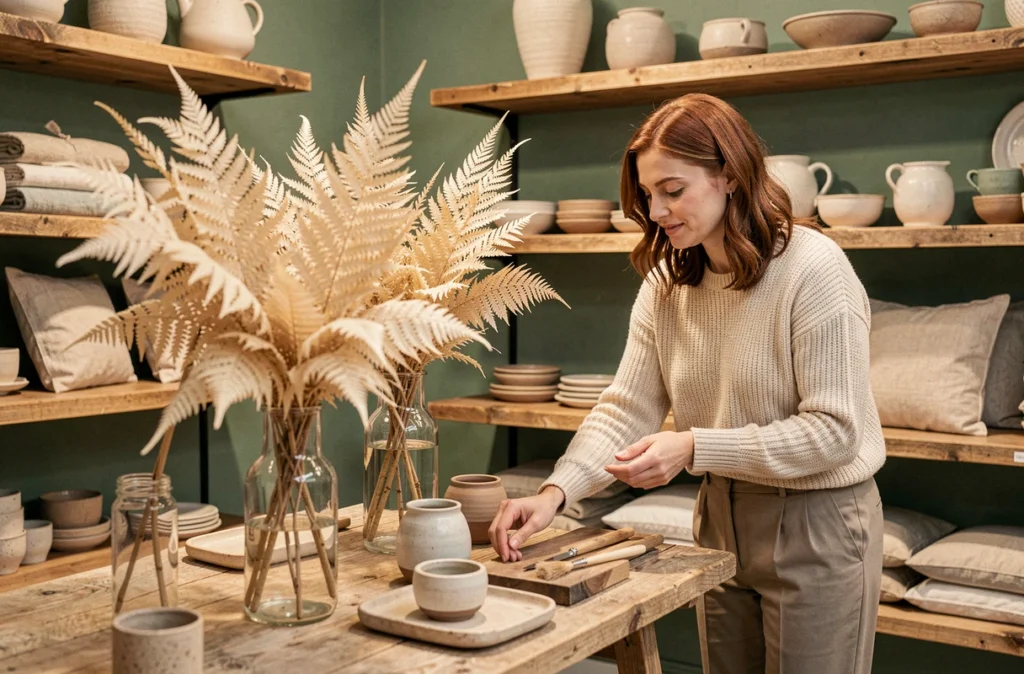 Intérieur de la boutique de décoration À l'Asparagus avec des éléments botaniques et une atmosphère chaleureuse