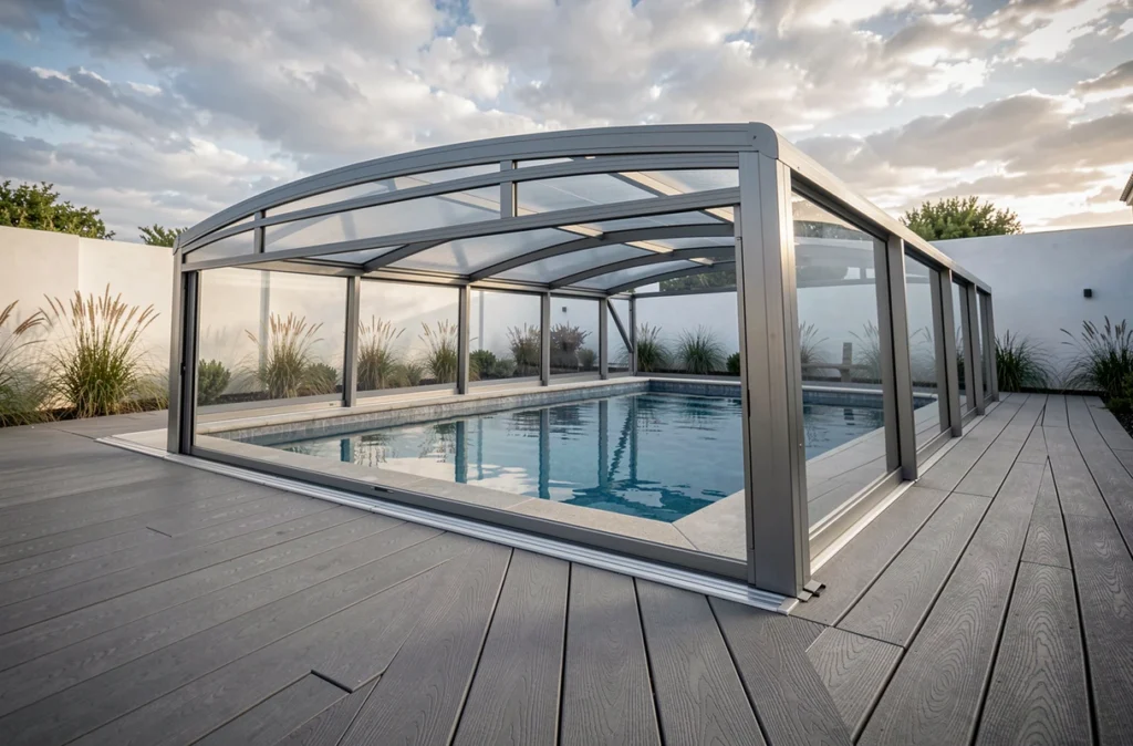 Abri de piscine coulissant bas de gamme haut de gamme entièrement déployé sur une piscine rectangulaire dans un jardin contemporain avec terrasse composite