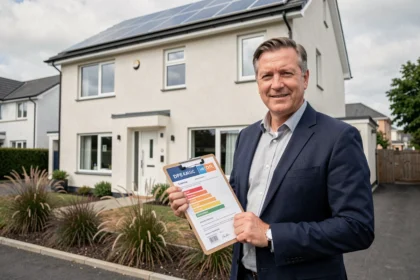 Agent immobilier tenant un diagnostic de performance énergétique devant une maison moderne avec panneaux solaires