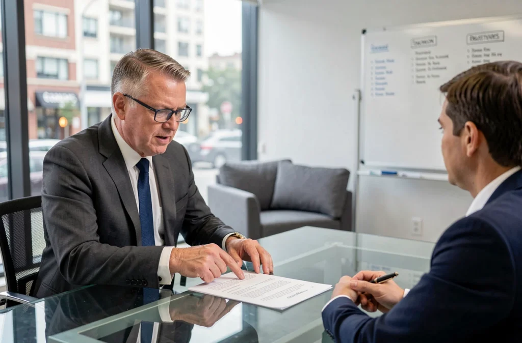 Agent immobilier expliquant les clauses d'un compromis de vente à son client dans une agence moderne