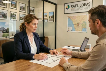 Agent immobilière locale en réunion avec des clients dans une agence immobilière moderne, examinant des documents de propriété