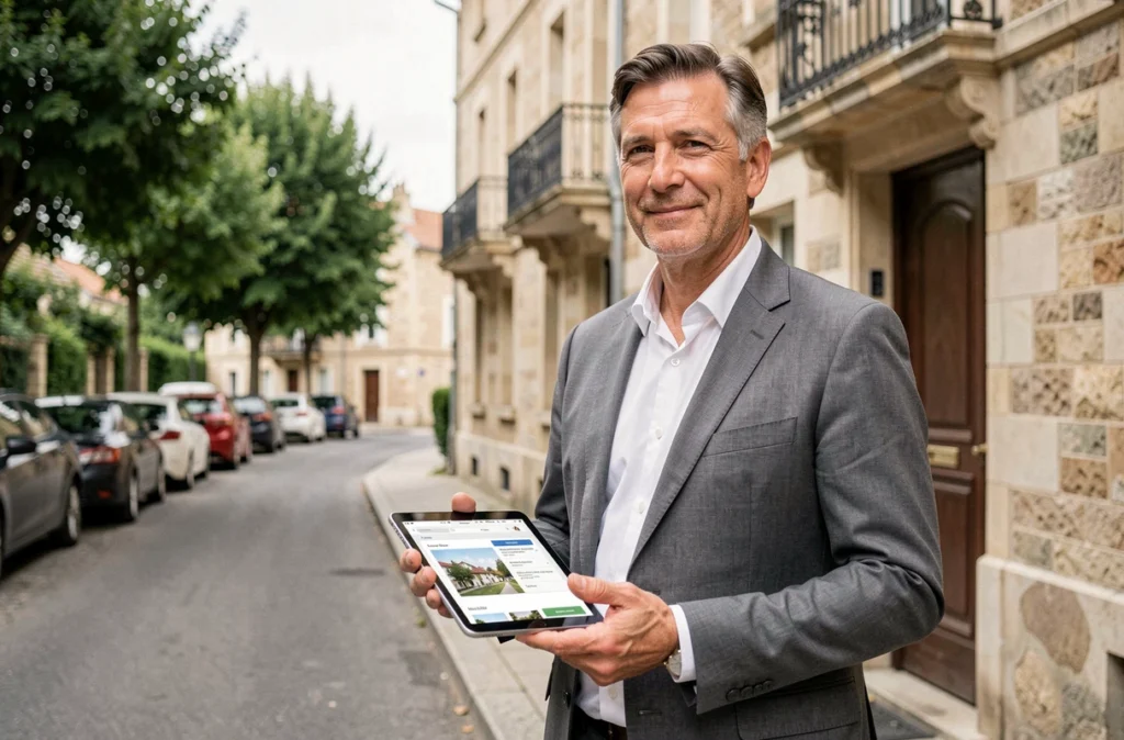 Agent immobilier expérimenté devant un immeuble résidentiel en province, consultant des annonces sur tablette numérique