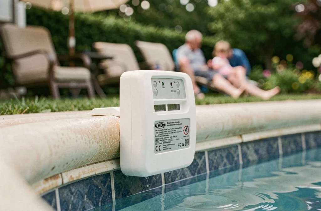Alarme de piscine immergée fixée sur le bord du bassin avec voyant LED de sécurité actif