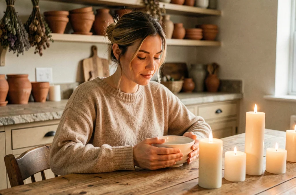 Femme dans une cuisine rustique entourée de bougies allumées pour une ambiance tamisée et conviviale