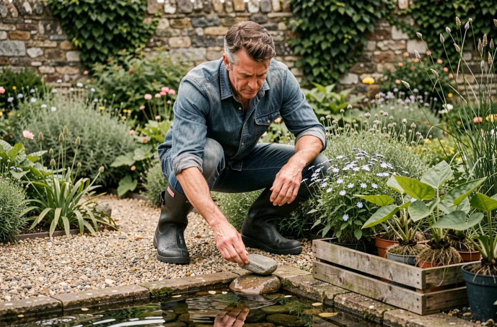 Homme aménageant les berges d'une mare naturelle avec des pierres et des plantes aquatiques indigènes