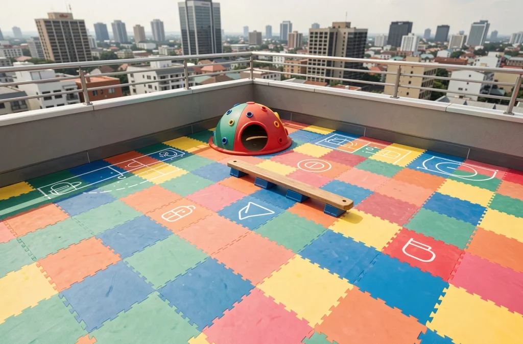 Aménagement d'un espace de jeux sécurisé sur toit terrasse urbain avec dalles de protection et équipements colorés
