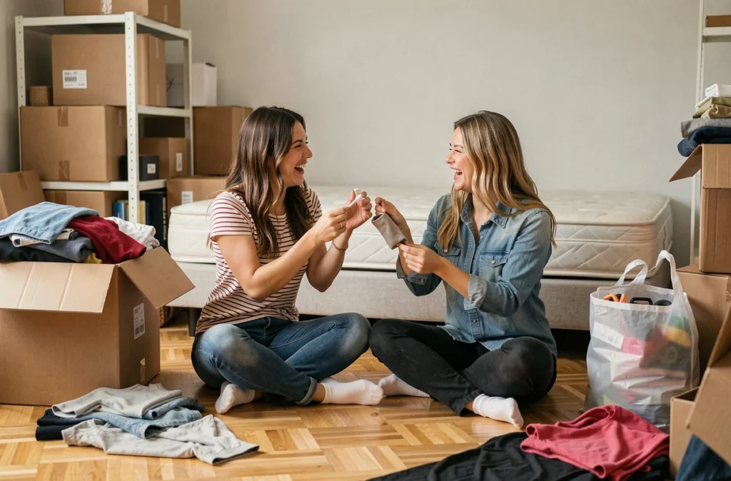 Deux amies triant ensemble des vêtements et affaires personnelles dans une chambre avant un déménagement