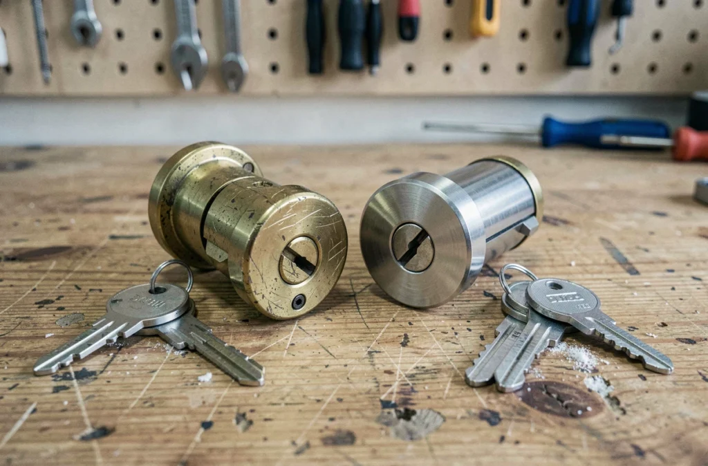 Comparaison entre une ancienne serrure usée et une nouvelle serrure pour porte d'entrée