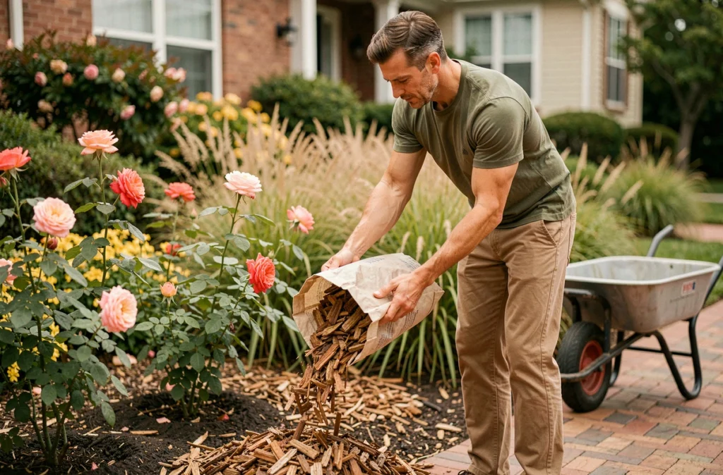 Homme appliquant du paillis d'écorce autour de rosiers dans un jardin fleuri pour réduire les besoins en arrosage
