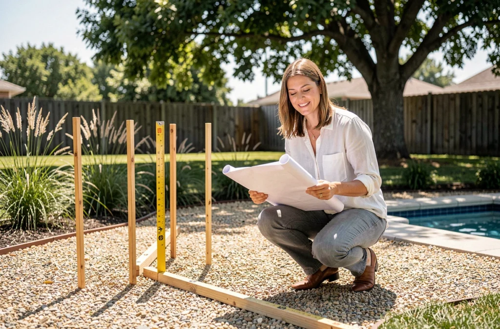 Architecte paysagiste mesurant et délimitant l'emplacement d'une future piscine dans un jardin