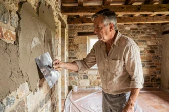 Artisan appliquant un crépi rustique intérieur sur un mur en pierre avec une taloche, dans une maison de campagne française