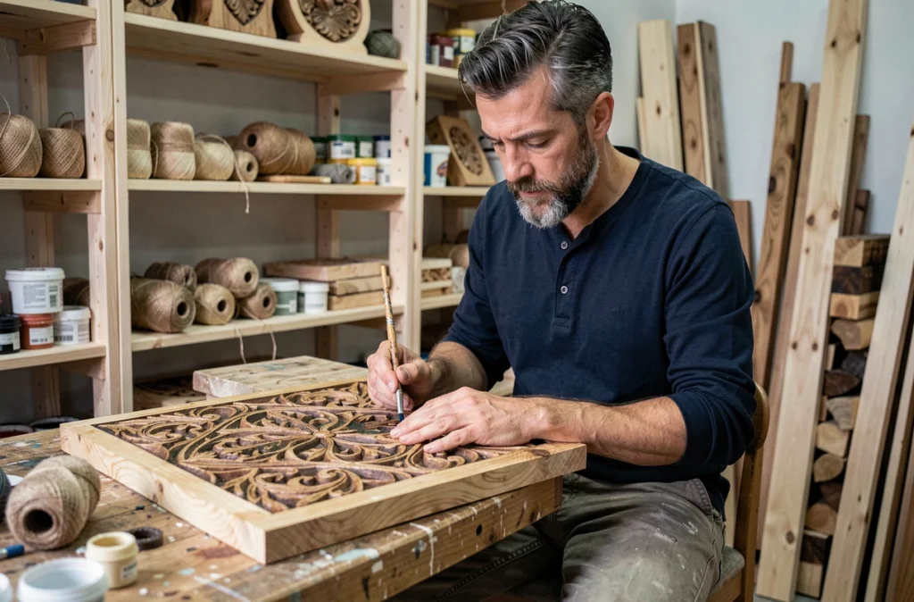 Artisan peignant des motifs sur un panneau en bois sculpté à la main dans sa boutique artisanale