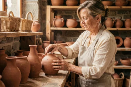 Artisane arrangeant des vases en céramique faits main sur une étagère en bois dans un atelier authentique