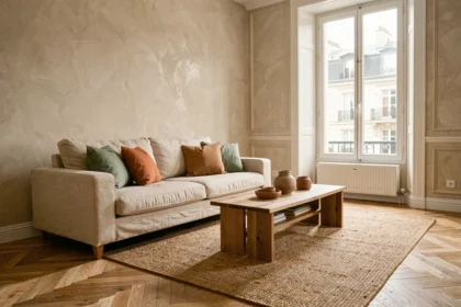 Salon moderne avec association de couleurs terracotta, vert sauge et crème, canapé en lin et tapis en jute