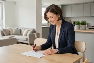 Propriétaire bailleur examinant un contrat de location meublée dans un appartement moderne et bien équipé