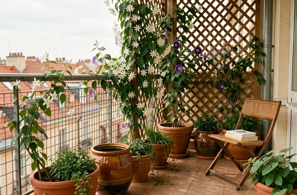 Balcon urbain ombragé par des plantes grimpantes comme le jasmin et la passiflore en été