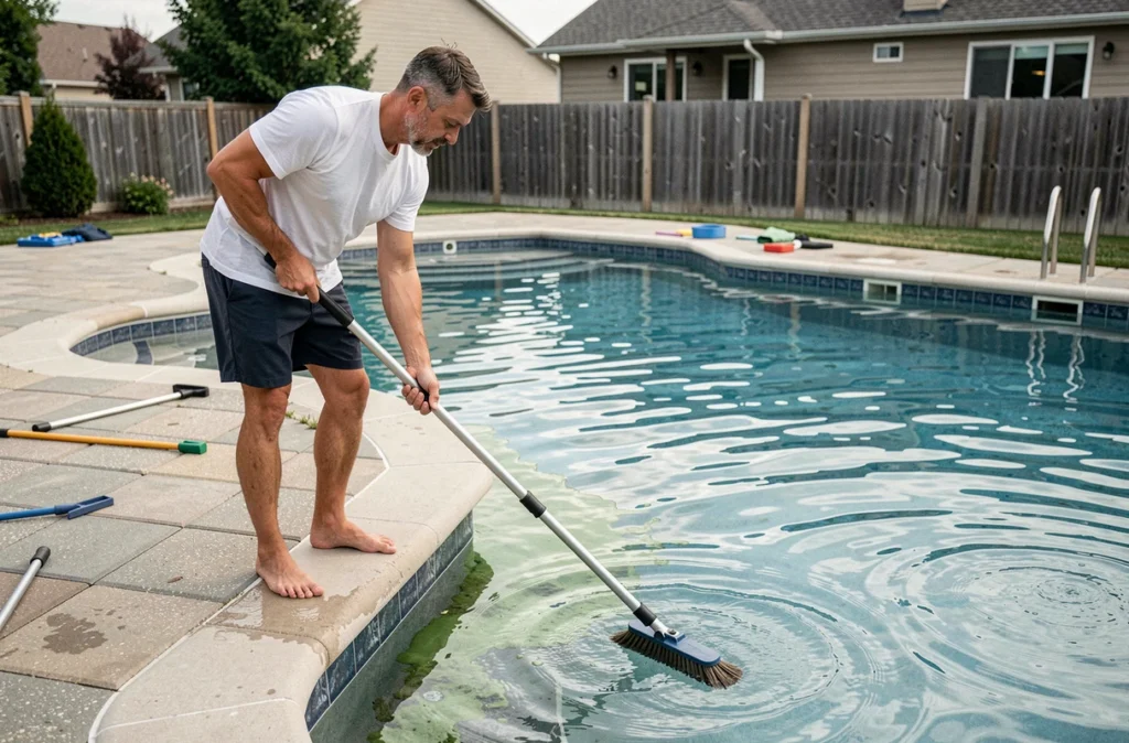 Homme brossant les parois d'une piscine pour éliminer les algues vertes en été